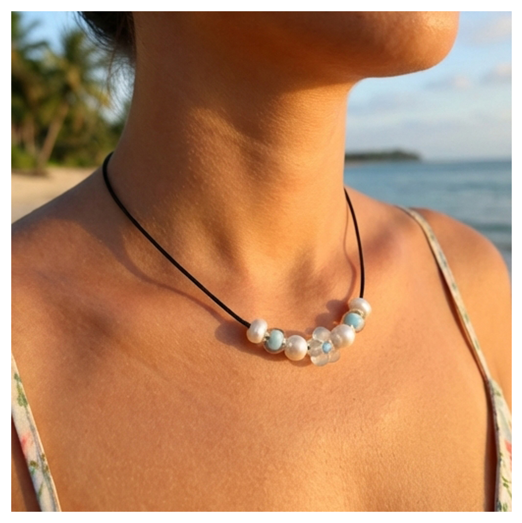 Minimalist Floral Design Necklace with Acrylic White Pearl-Like Beads, Black Cord, Lobster Claw with Extension Chain