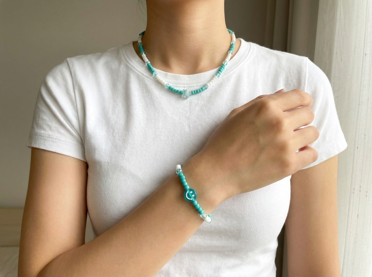 Teal and White Star & Smiley Face Jewelry Y2K Beaded Necklace and Bracelet Handmade Aesthetic Choker Set