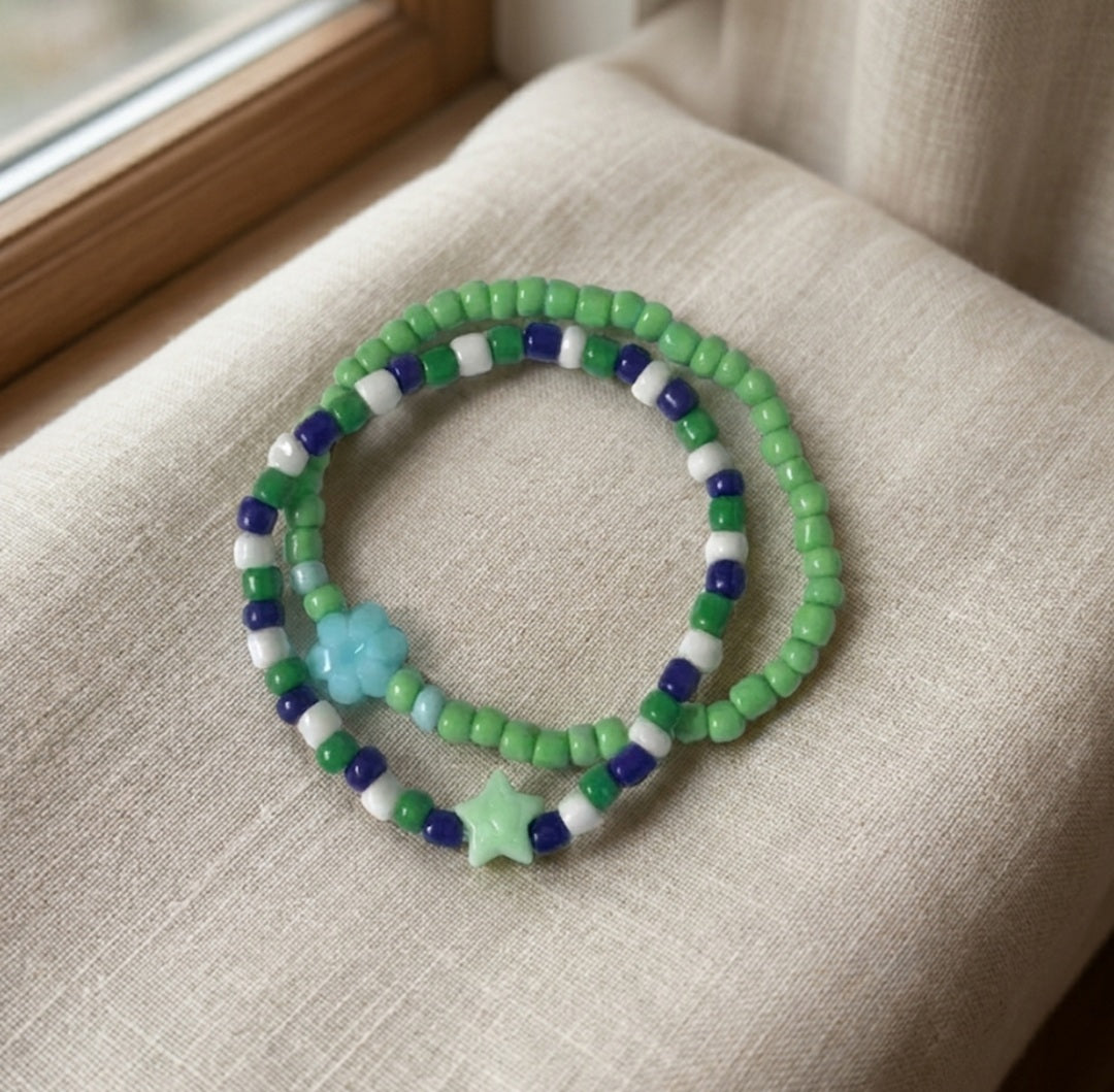 Handmade 2-Piece Colorful Beaded Bracelet Set Green White Blue with Star & Flower Accent Friendship Gift