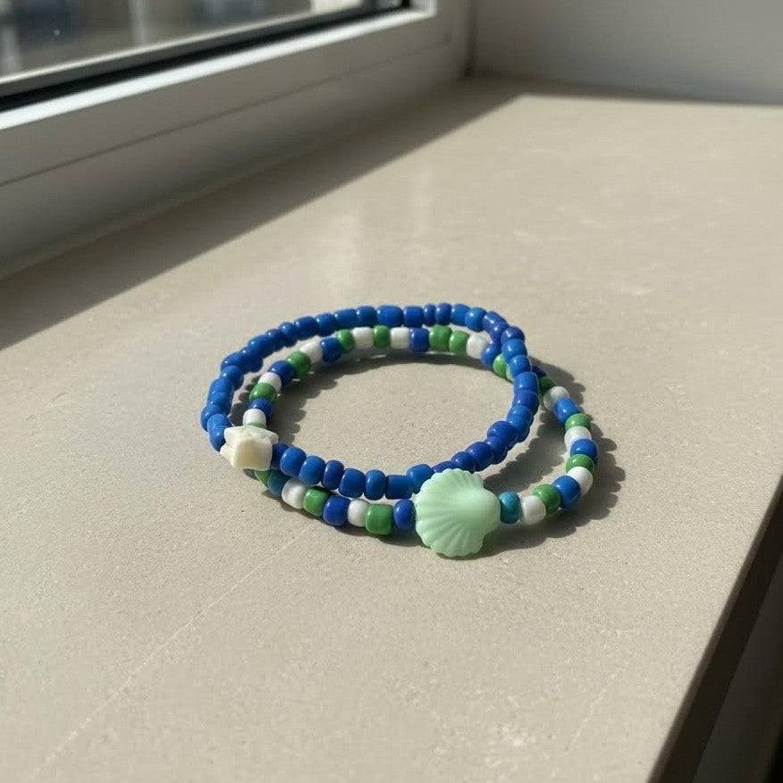 Blue & Green Ocean Bead Bracelet Set, Sea Shell & Starfish Charm Stack, Coastal Beach Jewelry Gift