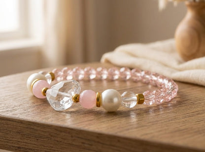 Handmade Beaded Bracelet – Pink Glass, Pearl-Style, Moonstone-Like & Gold Spacer Beads with Clear Heart Charm