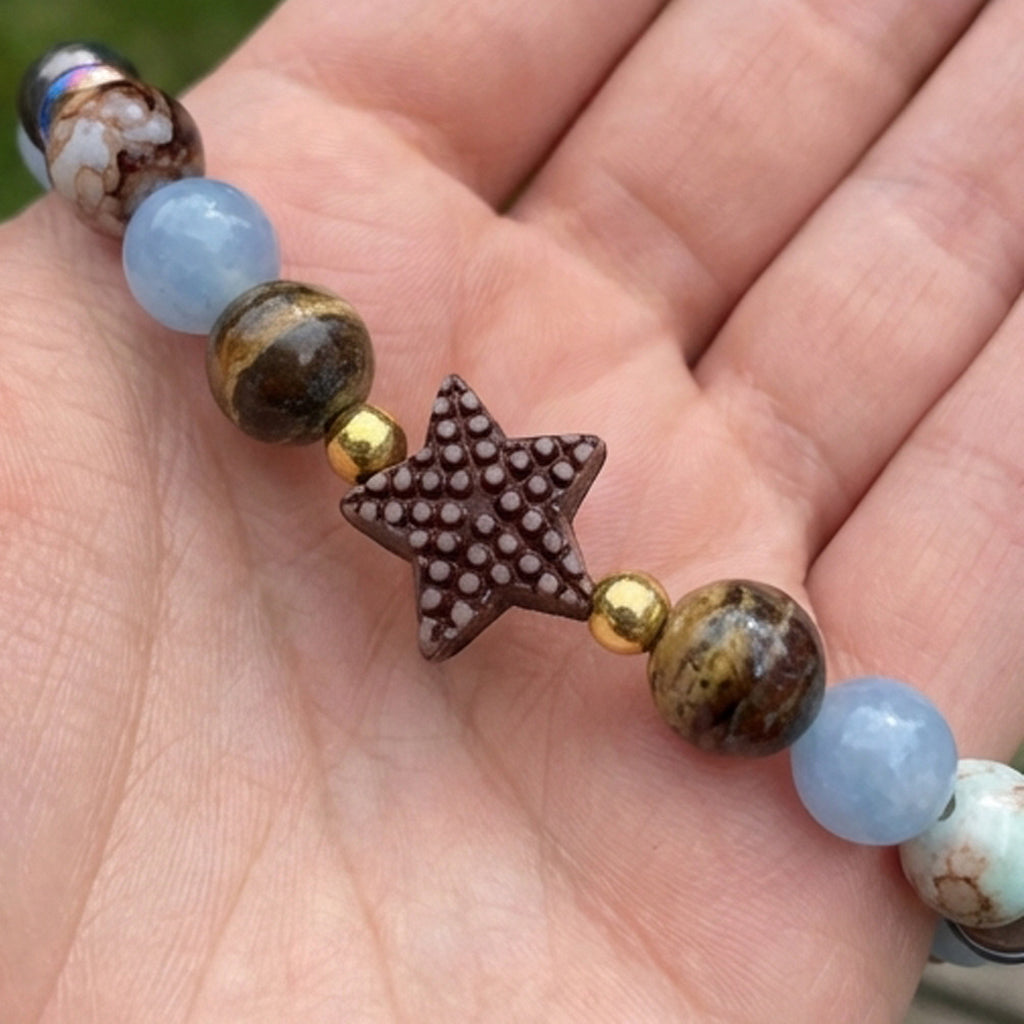 Aquamarine & Jasper Star Handmade Beaded Bracelet – Coastal Style Stretch Jewelry, Unique Stackable Gemstone Gift