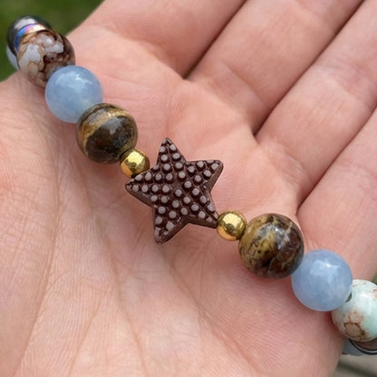 Aquamarine & Jasper Star Handmade Beaded Bracelet – Coastal Style Stretch Jewelry, Unique Stackable Gemstone Gift