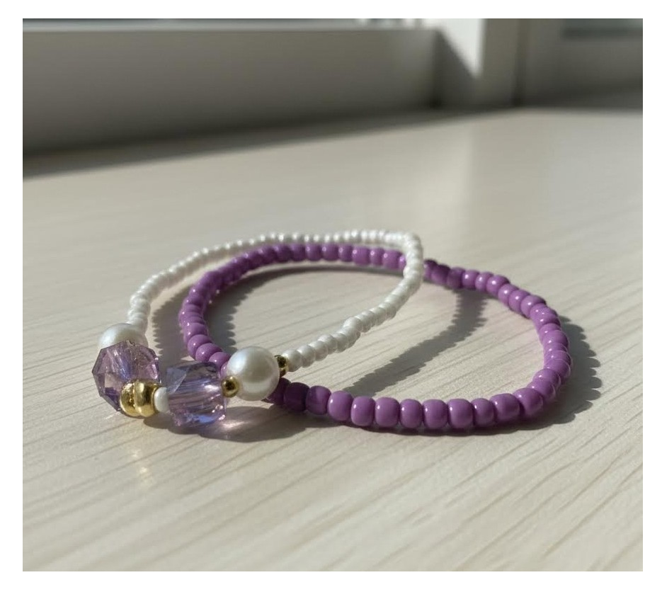 Handmade Purple and White Beaded Bracelets with Faux Pearls, Teen Jewelry