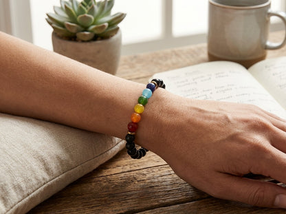 Black Onyx Healing Crystal 7 Chakra Rainbow Handmade Bracelet Artisan Jewelry Spiritual Yoga Gift Minimalist Boho Style