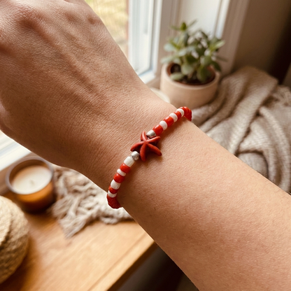 Coral Red Beaded Stretch Bracelet with Starfish Charm — Handmade Beachy Jewelry, Cute Stackable Coastal Summer Accessory Gift
