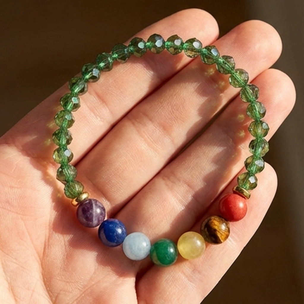 Green Crystal-Style and 7 Chakra Gemstone Bracelet Natural Stone Beaded Handmade Stacking Jewelry Boho Style