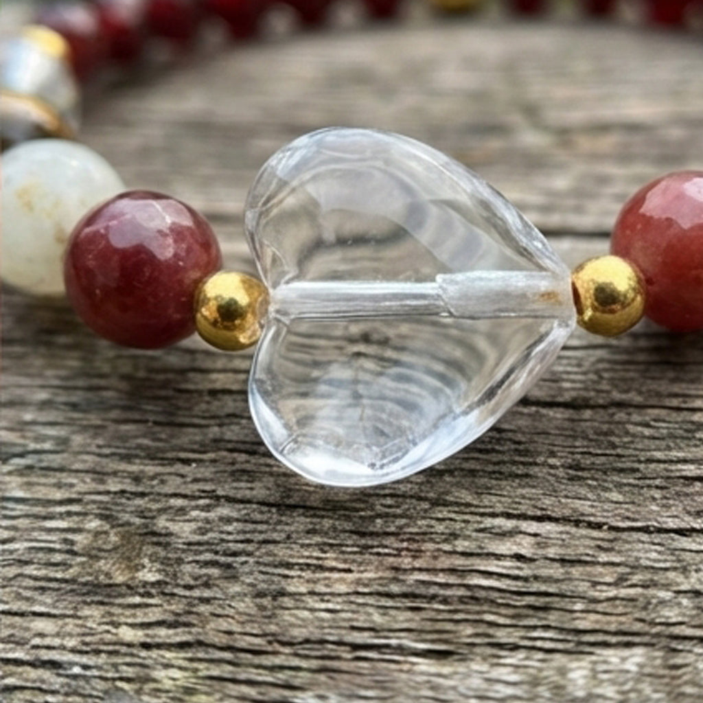 Handmade Garnet Beaded Bracelet with Clear Crystal Style Heart Charm – Tiger Eye & Jade Natural Gemstone, Healing Jewelry Gift