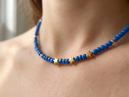 Royal Blue Beaded Star Necklace with Gold Accents – Minimalist Choker Jewelry