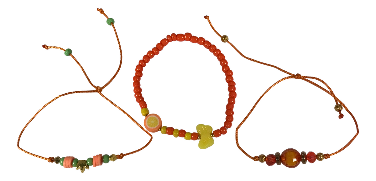 Orange Yellow Mint Bracelet Stack, Handmade Beaded Friendship Bracelets, Lemon Lime, Butterfly & Crown Charm Jewelry