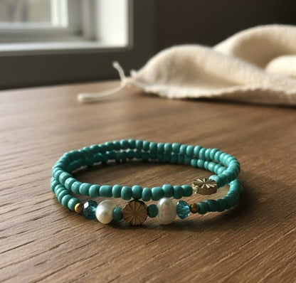 Handmade 2-Piece Turquoise Beaded Bracelet Set with Pearl Accents & Gold-Tone Flower Beads Gift