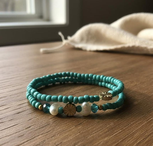 Handmade 2-Piece Turquoise Beaded Bracelet Set with Pearl Accents & Gold-Tone Flower Beads Gift