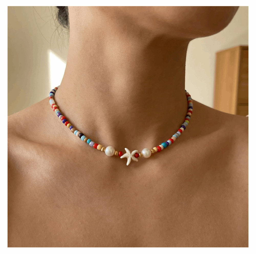 Handcrafted Seaside Starfish and Pearl Necklace, Metal-Plated Clasp w/ Extension Chain