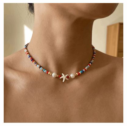 Handcrafted Seaside Starfish and Pearl Necklace, Metal-Plated Clasp w/ Extension Chain