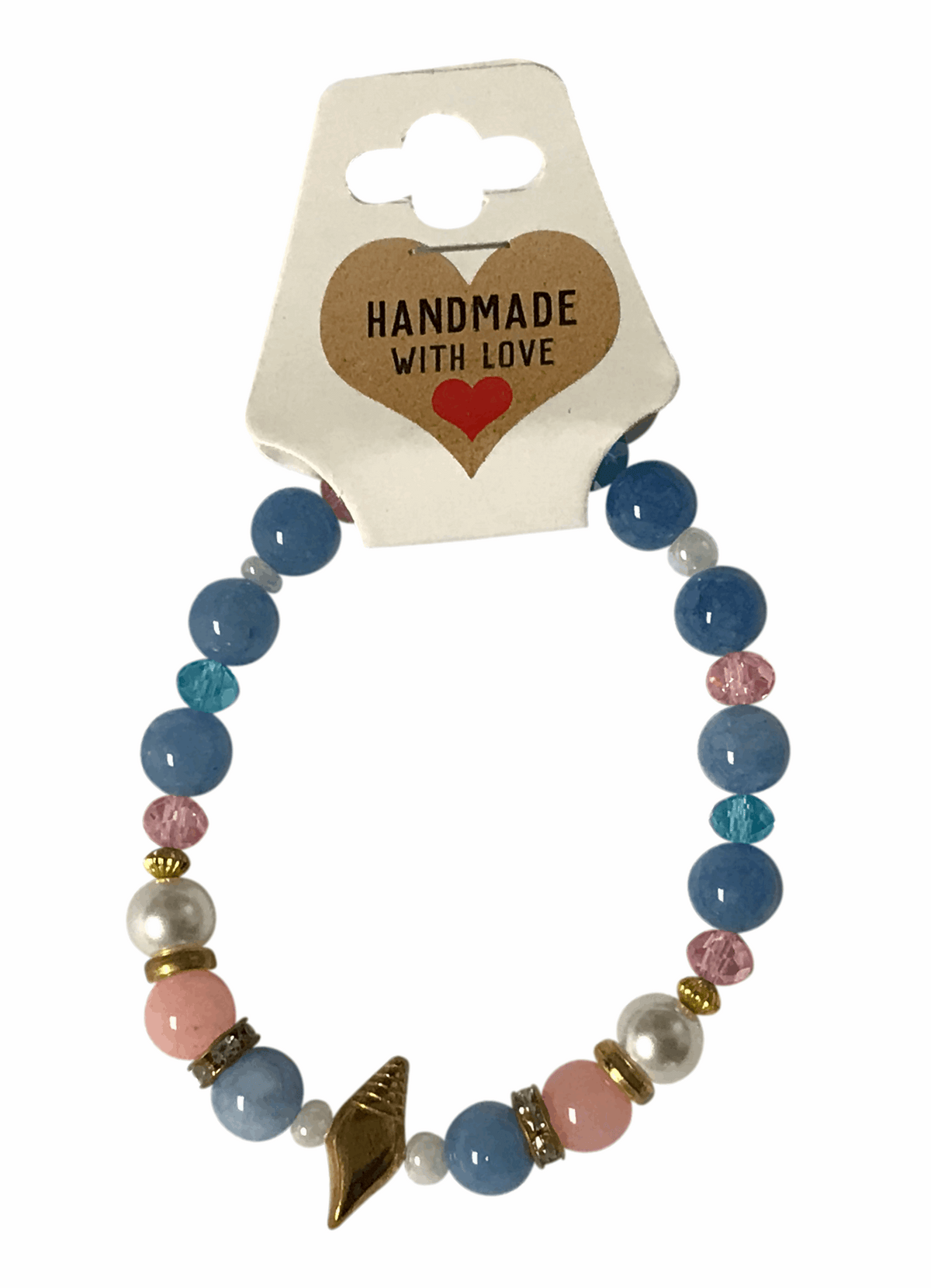 Pastel Ocean Beaded Bracelet with Gold Seashell Charm, Blue Pink White Stretch Bracelet, Handmade Beach Jewelry Gift