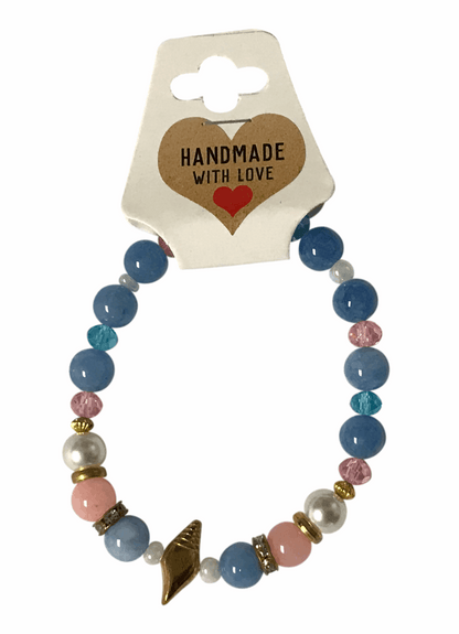 Pastel Ocean Beaded Bracelet with Gold Seashell Charm, Blue Pink White Stretch Bracelet, Handmade Beach Jewelry Gift