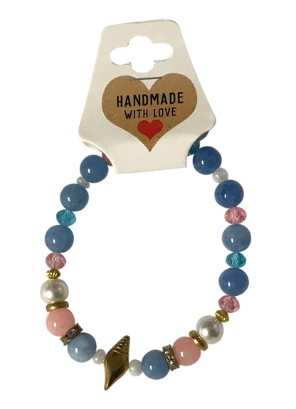 Pastel Ocean Beaded Bracelet, Gold Seashell Charm, Beach Jewelry