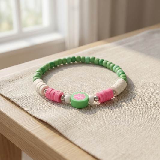 Watermelon Color Clay Bead Bracelet, Pink Green Flower Heishi Bead Jewelry, Preppy Summer Fruit Bracelet Stack