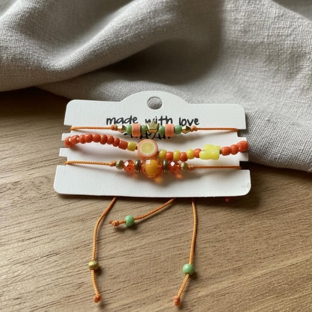 Orange Yellow Mint Bracelet Stack, Handmade Beaded Friendship Bracelets, Lemon Lime, Butterfly & Crown Charm Jewelry