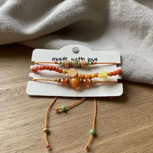 Orange Yellow Mint Bracelet Stack, Handmade Beaded Friendship Bracelets, Lemon Lime, Butterfly & Crown Charm Jewelry