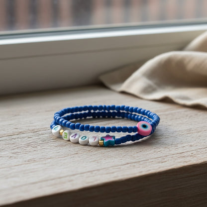 Handmade Blue Beaded Bracelet Set with Evil Eye Charm— Personalized Friendship Gift For Her, Stackable Stretch Jewelry