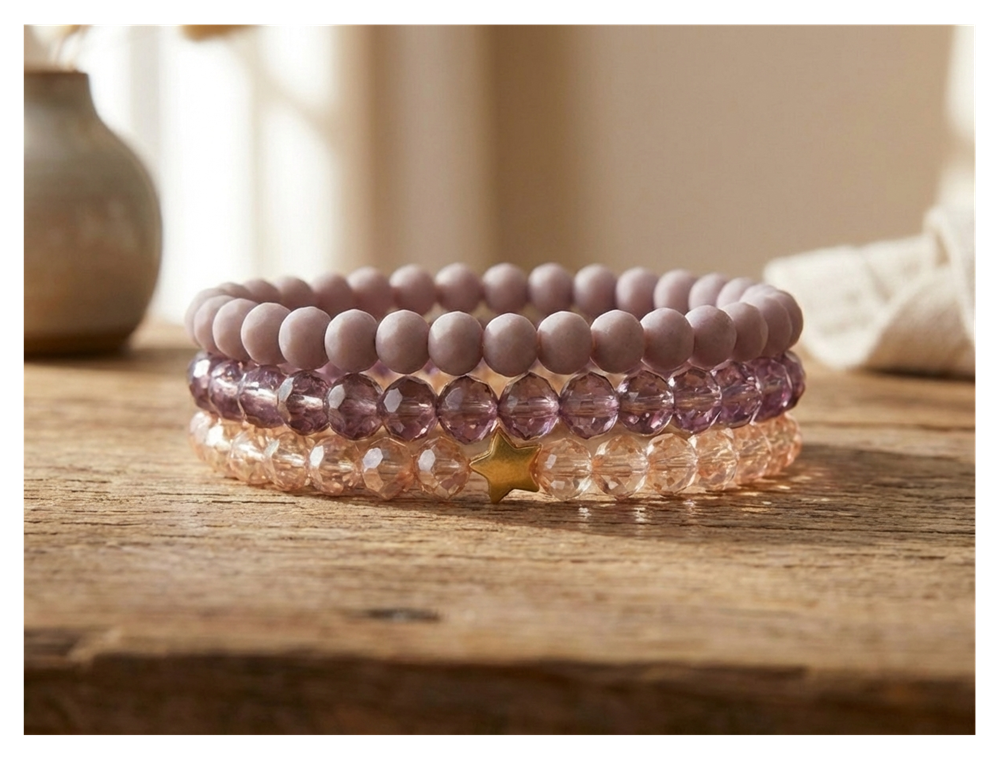 Handmade with Love Lavender and Crystal-style Beaded Bracelet Set
