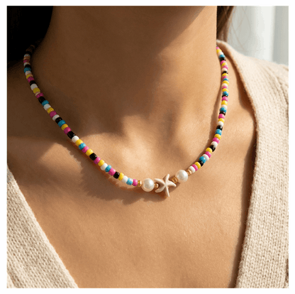 Handcrafted Summer Beaded Starfish Necklace, Metal-Plated Clasp w/ Extension Chain