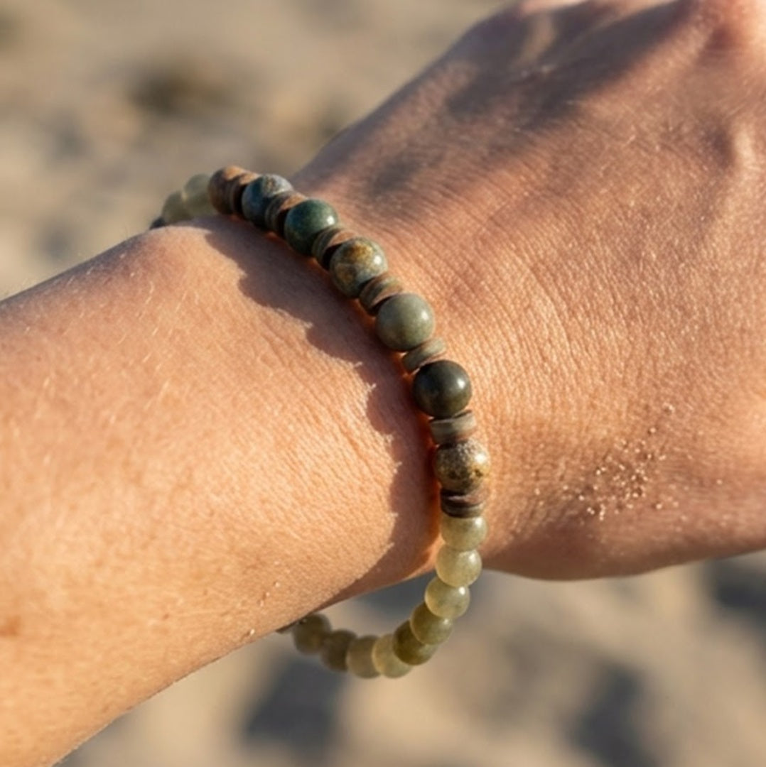Handmade Bracelet – Green Stone-Style Beads with Brown & Cream Disc Spacers – Boho Jewelry