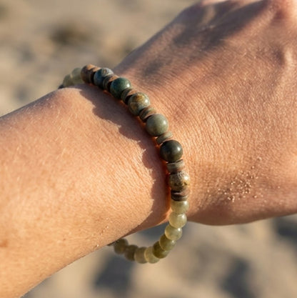 Handmade Bracelet – Green Stone-Style Beads with Brown & Cream Disc Spacers – Boho Jewelry