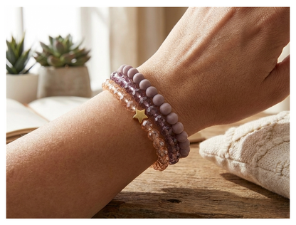 Handmade with Love Lavender and Crystal-style Beaded Bracelet Set