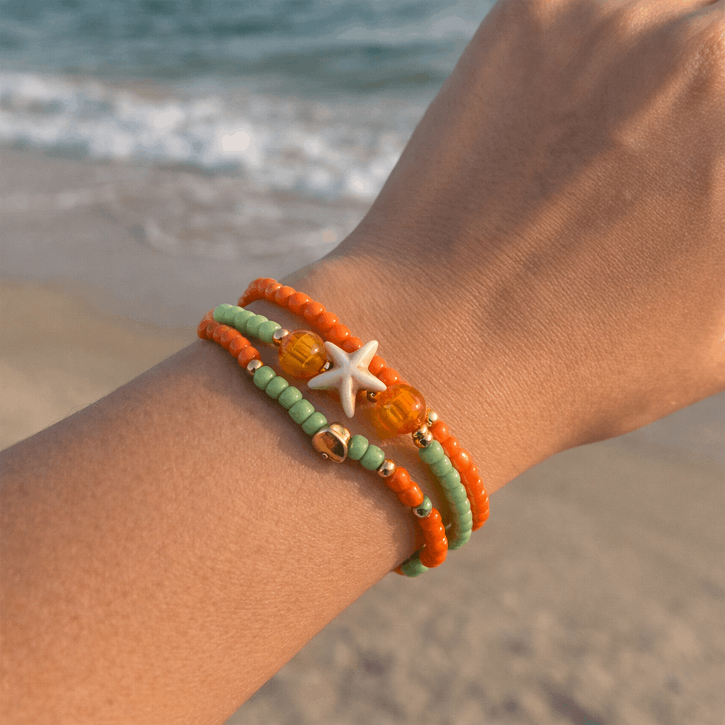 Handmade Orange Green Beaded Bracelet Set, Starfish & Heart Charms, Boho Ocean Jewelry