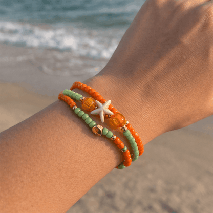 Handmade Orange Green Beaded Bracelet Set, Starfish & Heart Charms, Boho Ocean Jewelry