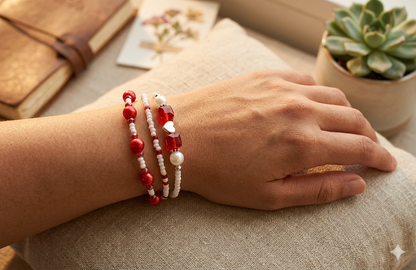 Close-up of a hand wearing red and white beaded bracelets on a textured surface with a plant in the background.