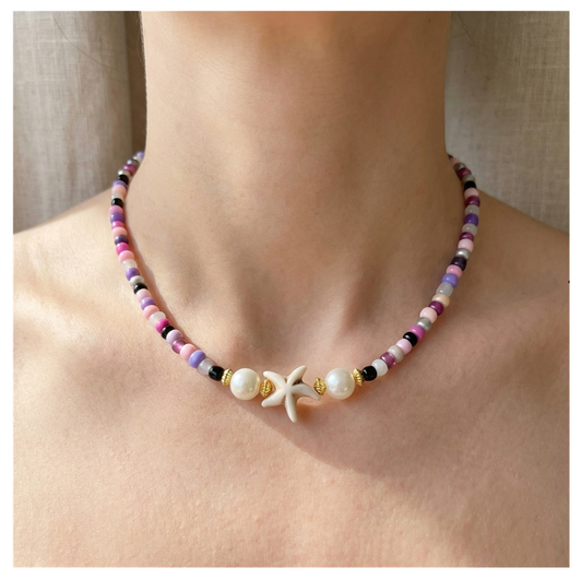 Handcrafted Lavender Coast Starfish and Pearl-like Necklace, Metal-Plated Clasp w/ Extension Chain