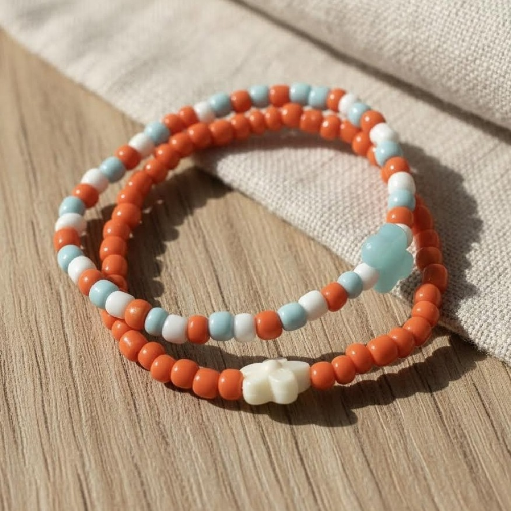Beaded Bracelet Set, Orange White & Aqua Stretch Bracelets w/ Flower Charm - Happiness, Calm & Growth Symbol Jewelry