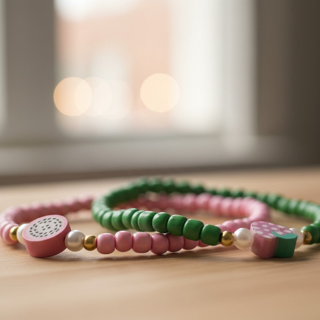 Two colorful beaded bracelets on a wooden surface with a blurred background