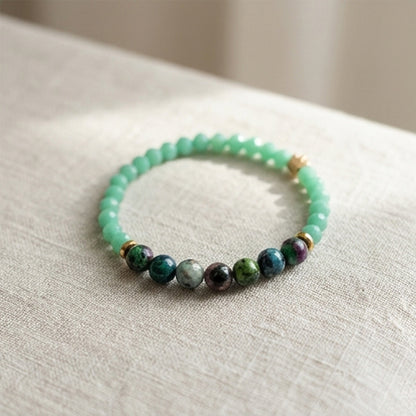 Ruby Zoisite and Green Agate Beaded Bracelet Natural Stone Gold Crown Charm Jewelry Earthy Handmade Boho Stacker