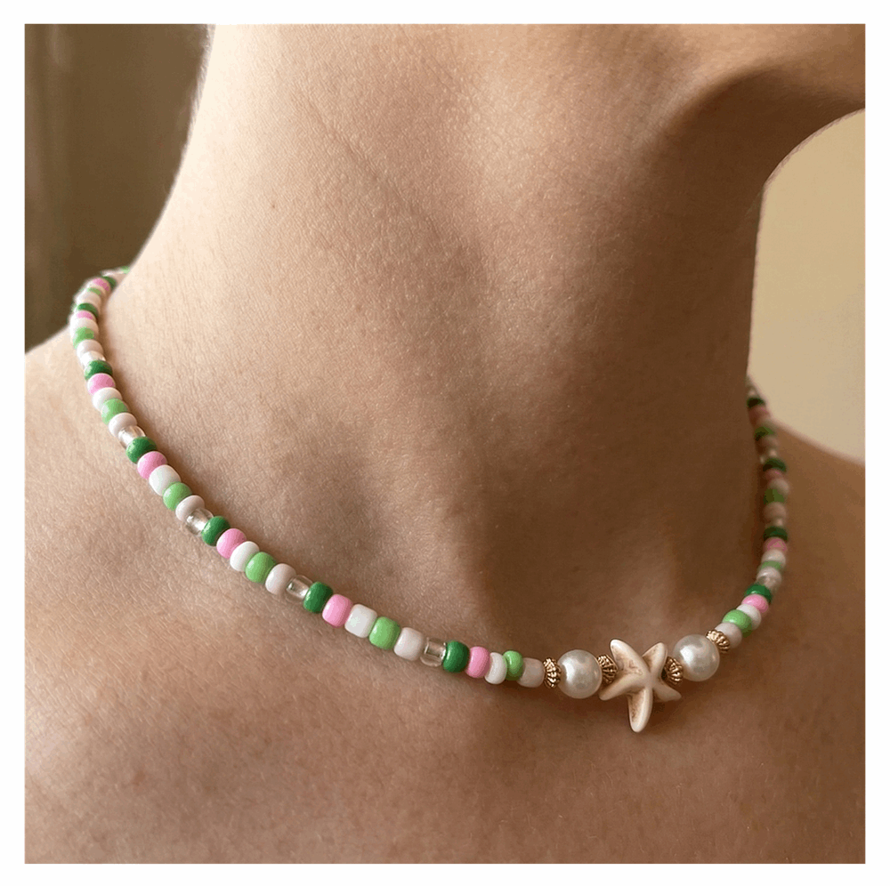 Handcrafted Summer Beach Beaded Necklace, Metal-Plated Clasp w/ Extension Chain