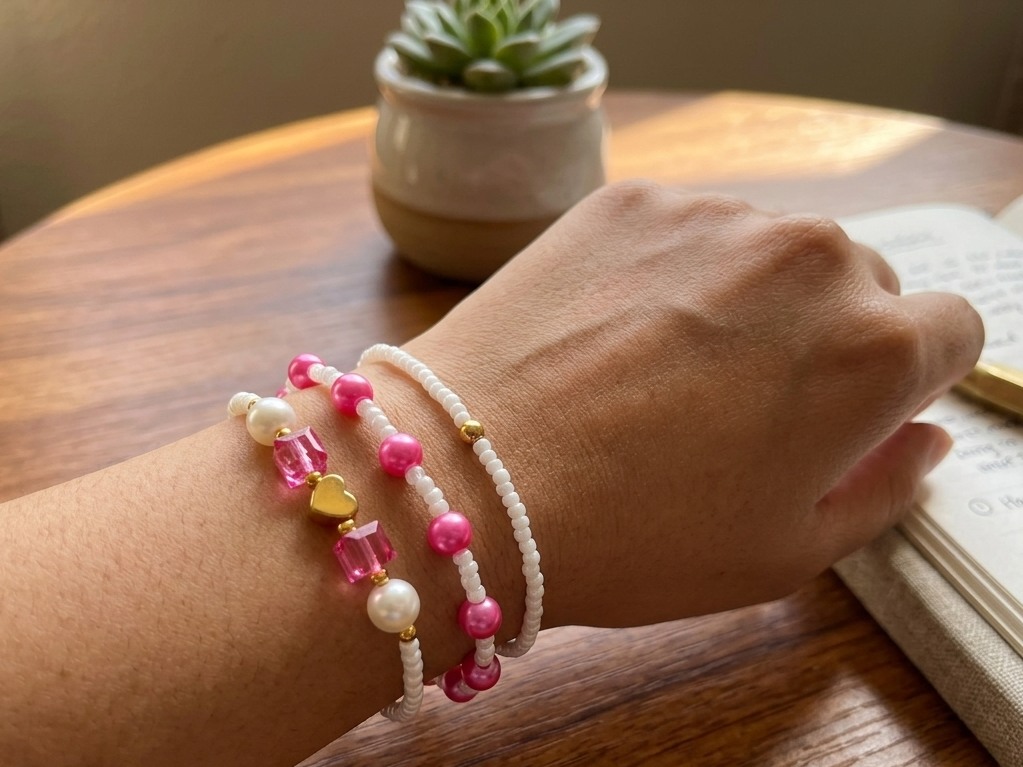 Hand wearing two beaded bracelets on a wooden surface with a plant in the background