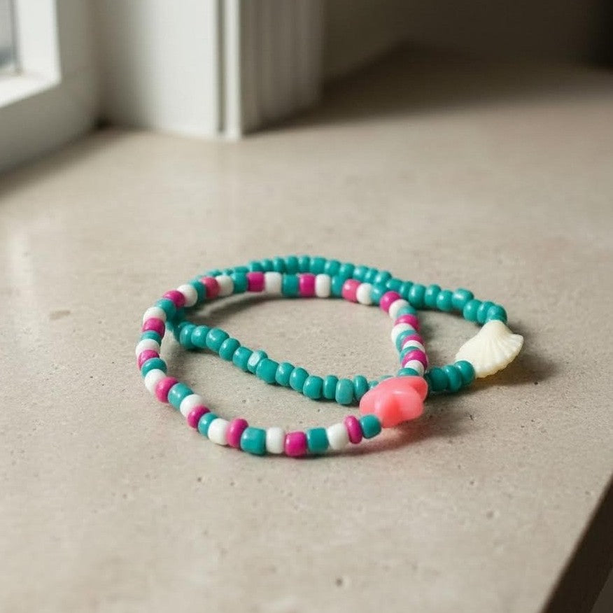 Handmade Ocean Theme Bracelet Stack, Dainty Shell & Star Charms in Teal/Pink, Cute Personalized Gift for Beach Lovers