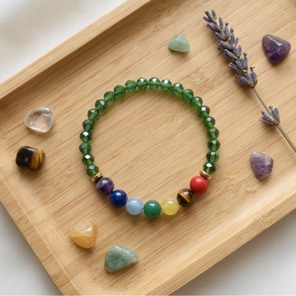 Green Crystal-Style and 7 Chakra Gemstone Bracelet Natural Stone Beaded Handmade Stacking Jewelry Boho Style