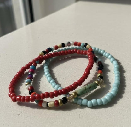 Handmade 3-Piece Colorful Beaded Bracelet Set Red Blue Yellow Black White with Marbled Accent Gift