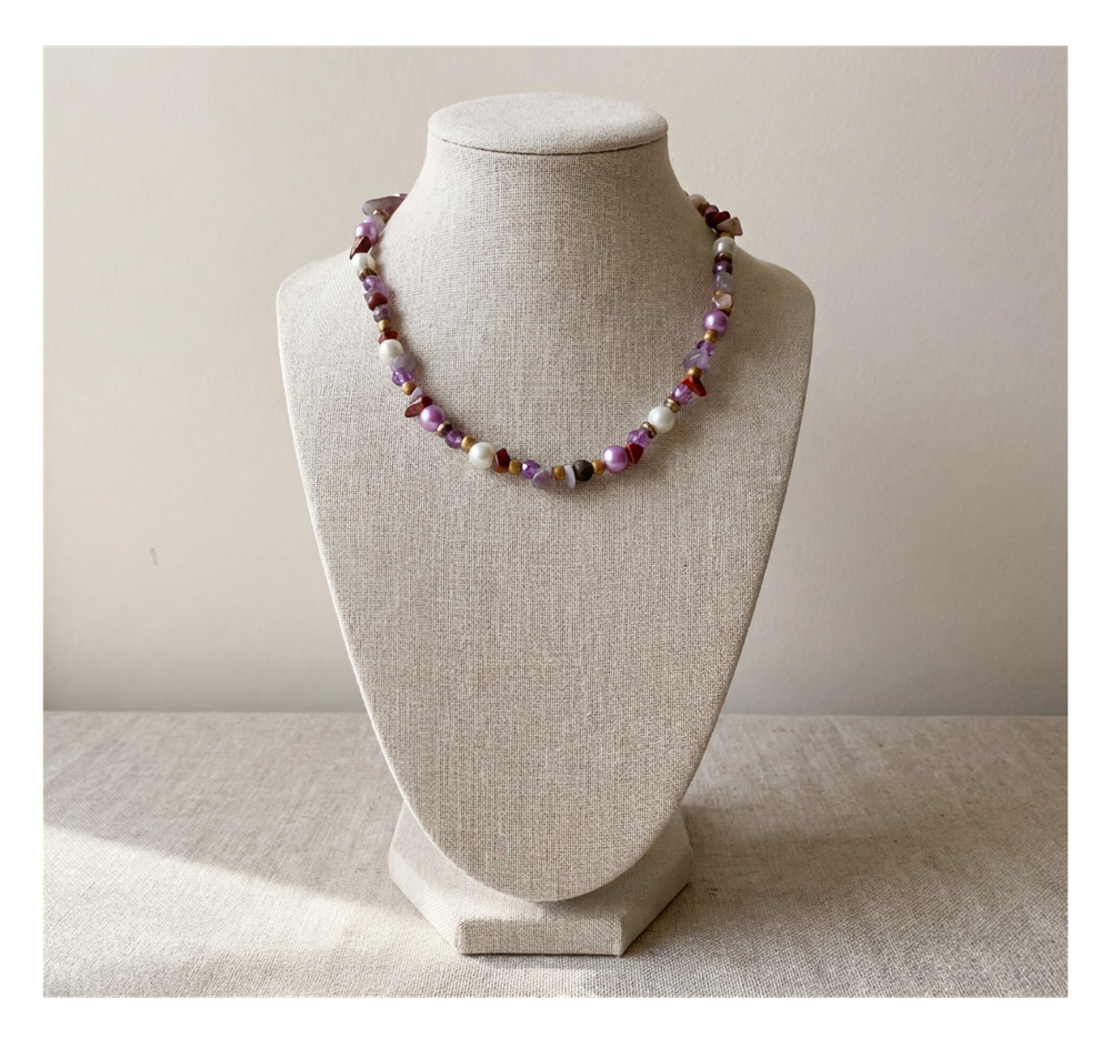 Handcrafted Rustic Mixed Bead Necklace with Natural Stones, Metal-Plated Clasp w/ Extension Chain