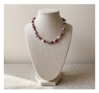Handcrafted Rustic Mixed Bead Necklace with Natural Stones, Metal-Plated Clasp w/ Extension Chain