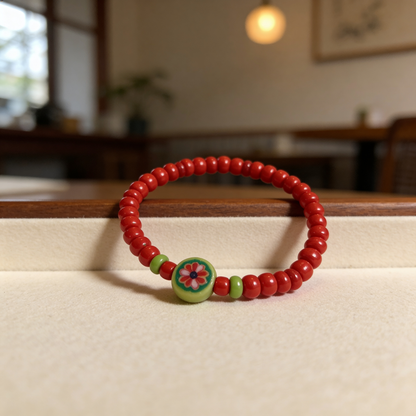 Red beaded bracelet with a floral charm on a wooden surface