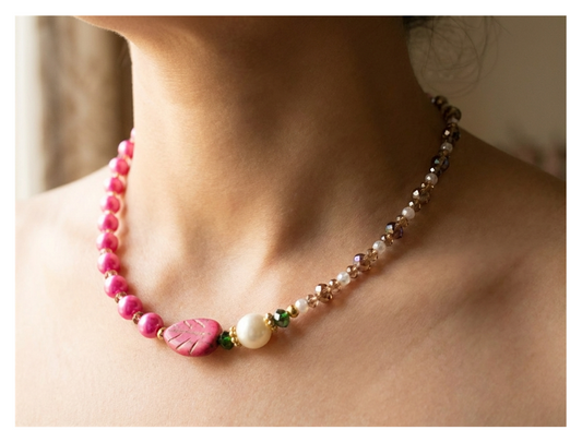 Handcrafted Pink Pearl-like Necklace with Faceted Crystal-style Beads, Metal-Plated Clasp w/ Extension Chain