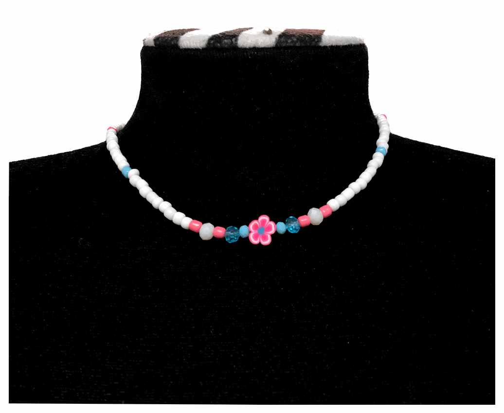 Handcrafted Pink Bloom Beaded Necklace, Metal-Plated Clasp w/ Extension Chain