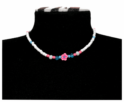 Handcrafted Pink Bloom Beaded Necklace, Metal-Plated Clasp w/ Extension Chain