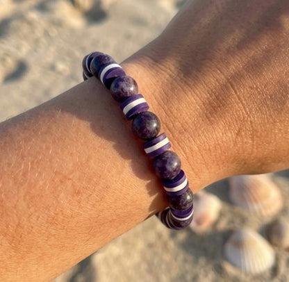 Handmade Heishi Bracelet – Amethyst-Style Violet Plum & White Shell Disc & Round Beads – Boho Style