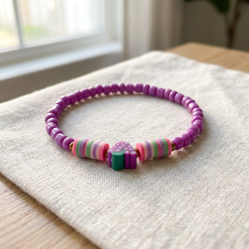 Colorful beaded bracelet on a textured surface with a window in the background